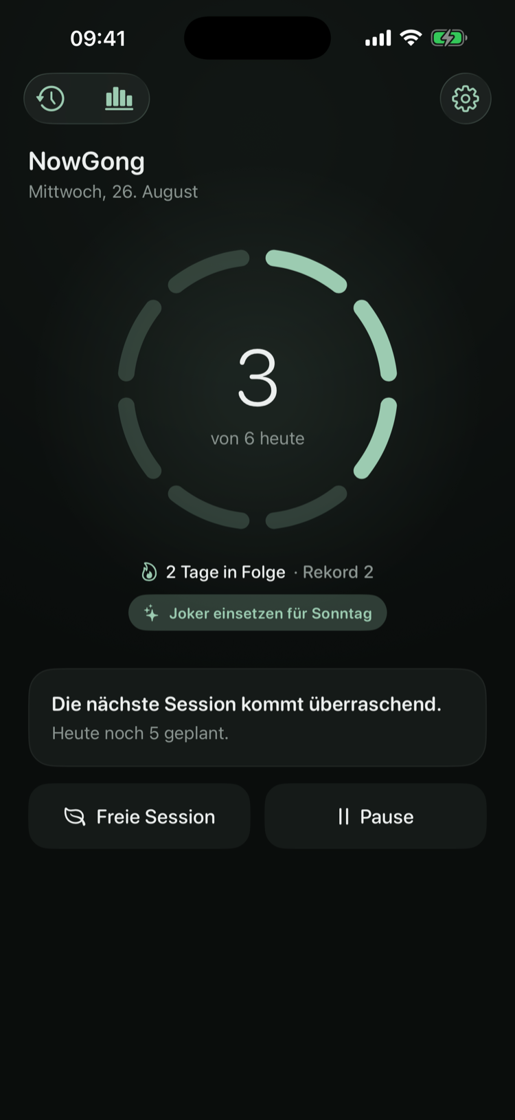 NowGong-Startbildschirm mit Session-Ring, Streak und Tagesplan