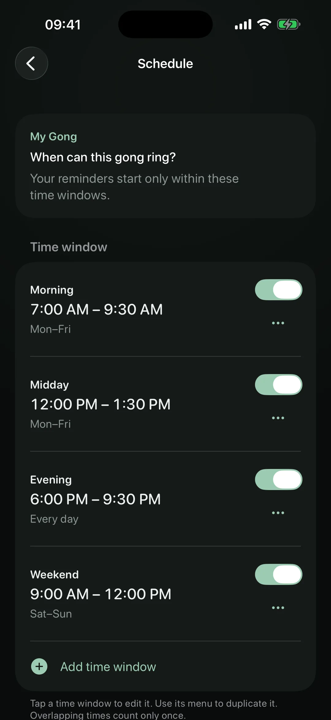NowGong time windows of a gong with weekdays