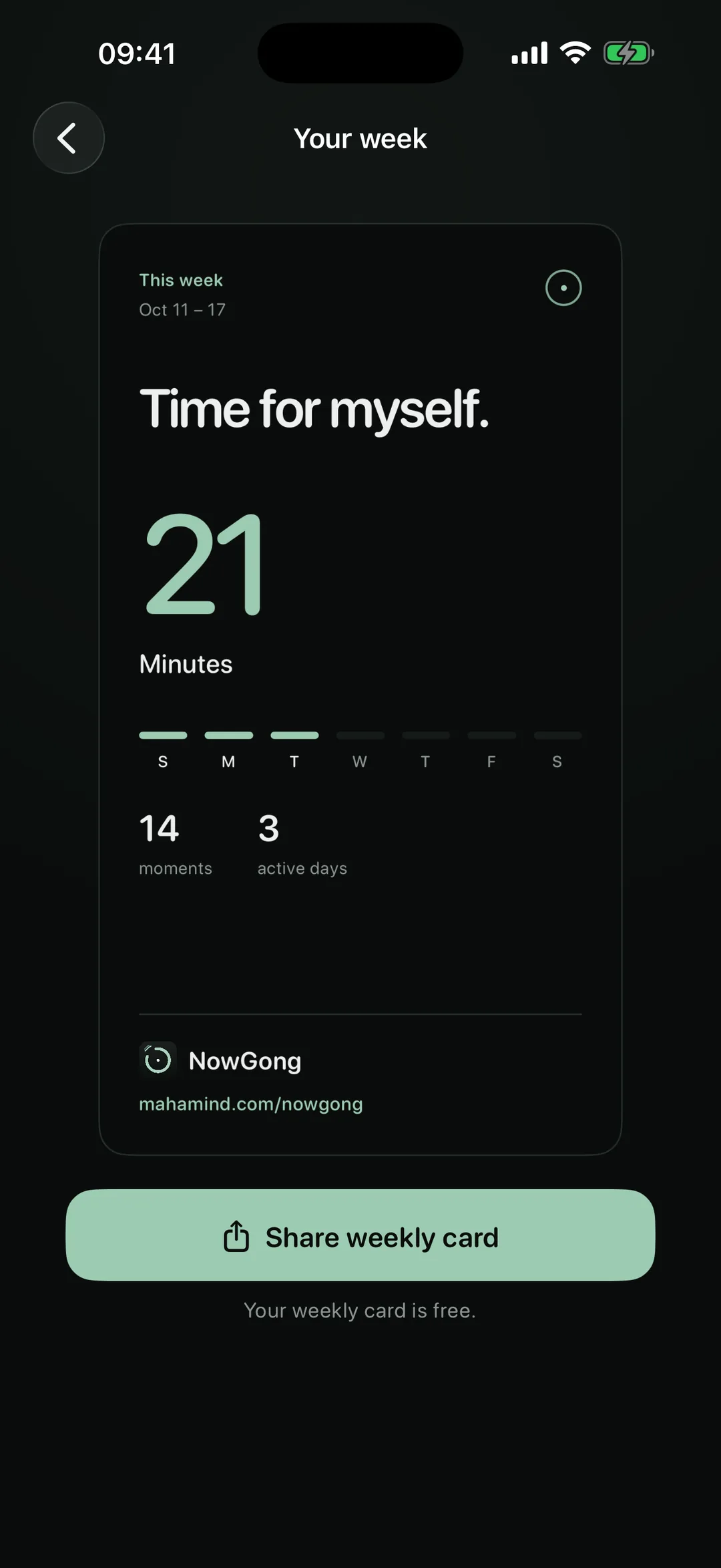 NowGong weekly card with minutes and active days